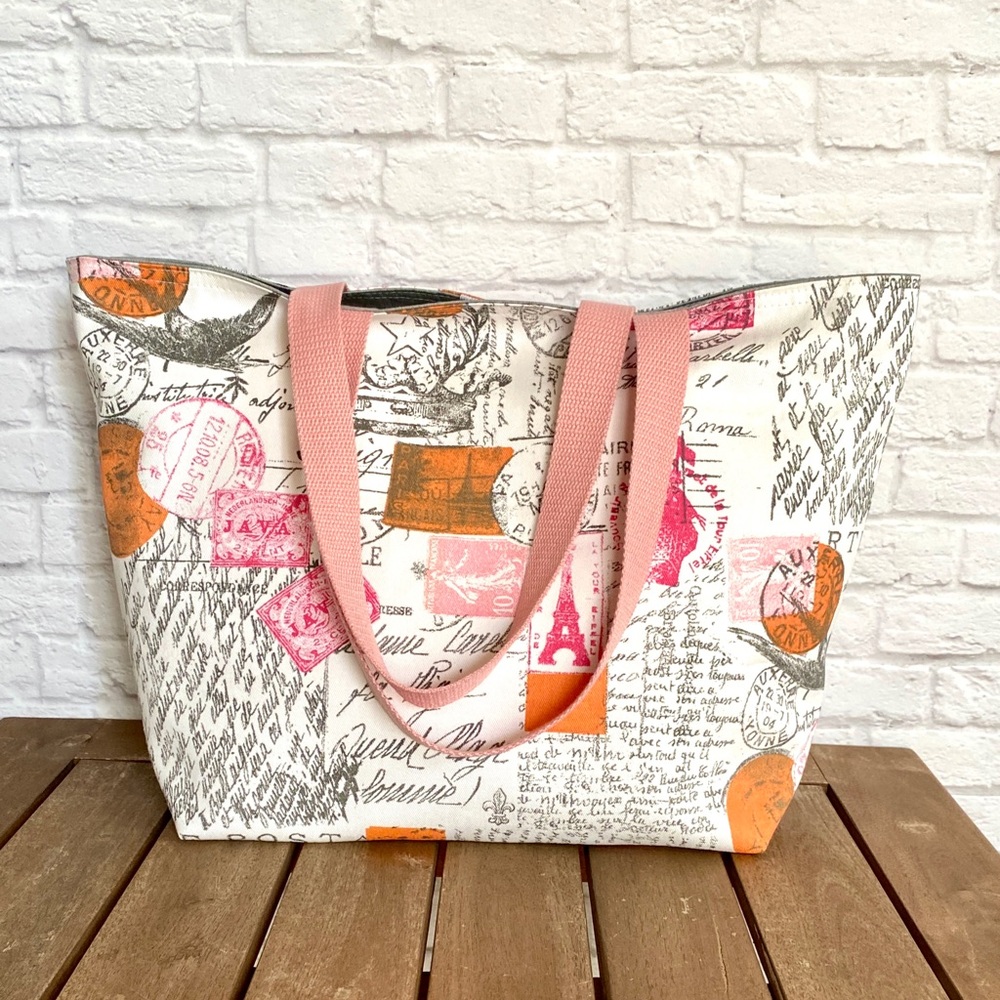 Handmade Foldable Travel/Market Tote - Pink Paris Postal